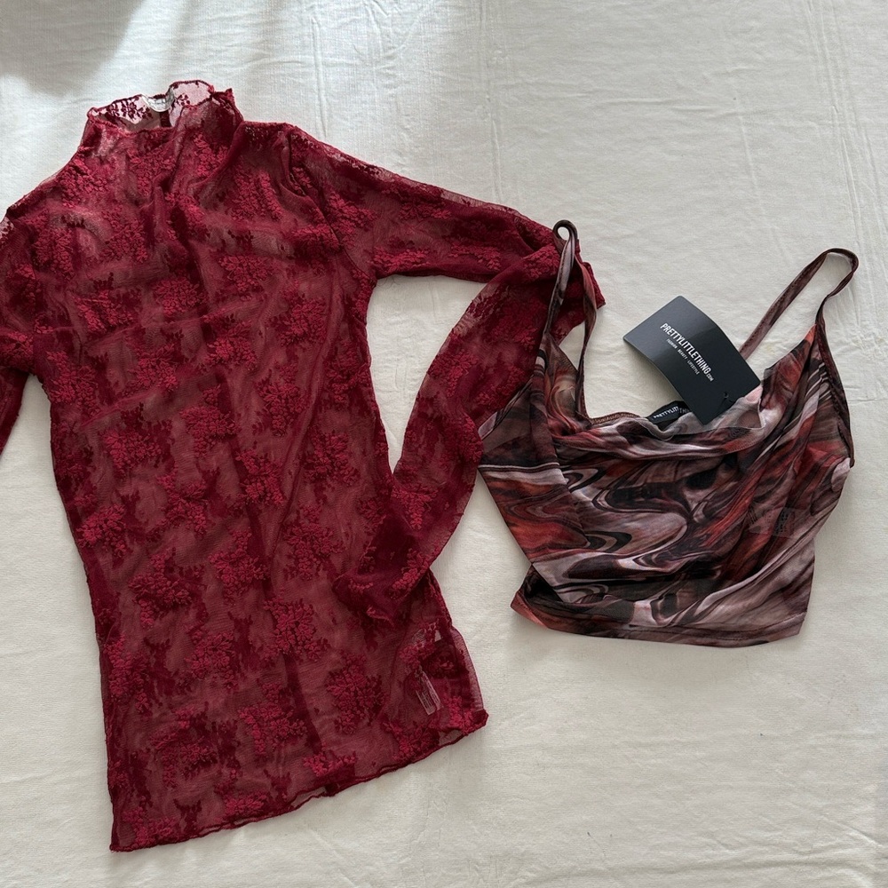 Sheer Bundle Free People Burgundy Lace Long Sleeve Prettylittlething Camisole XS
